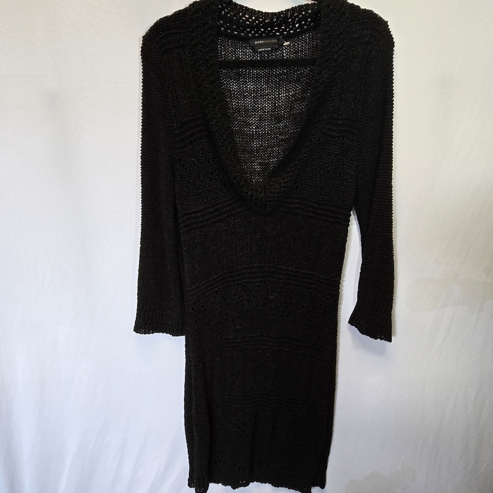 BCBG Max Azria Black Open Knit VNeck Long Sleeve Mesh Dress Swimsuit Cover Up XL